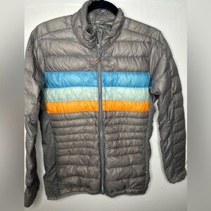 Cotopaxi Gray Puffer Jacket with Blue and Orange Accents